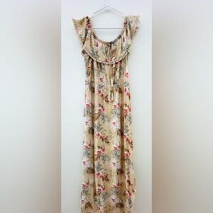 Derek Heart Tropical Maxi Dress with Side Slit - Cream and Ivory , Women’s Large